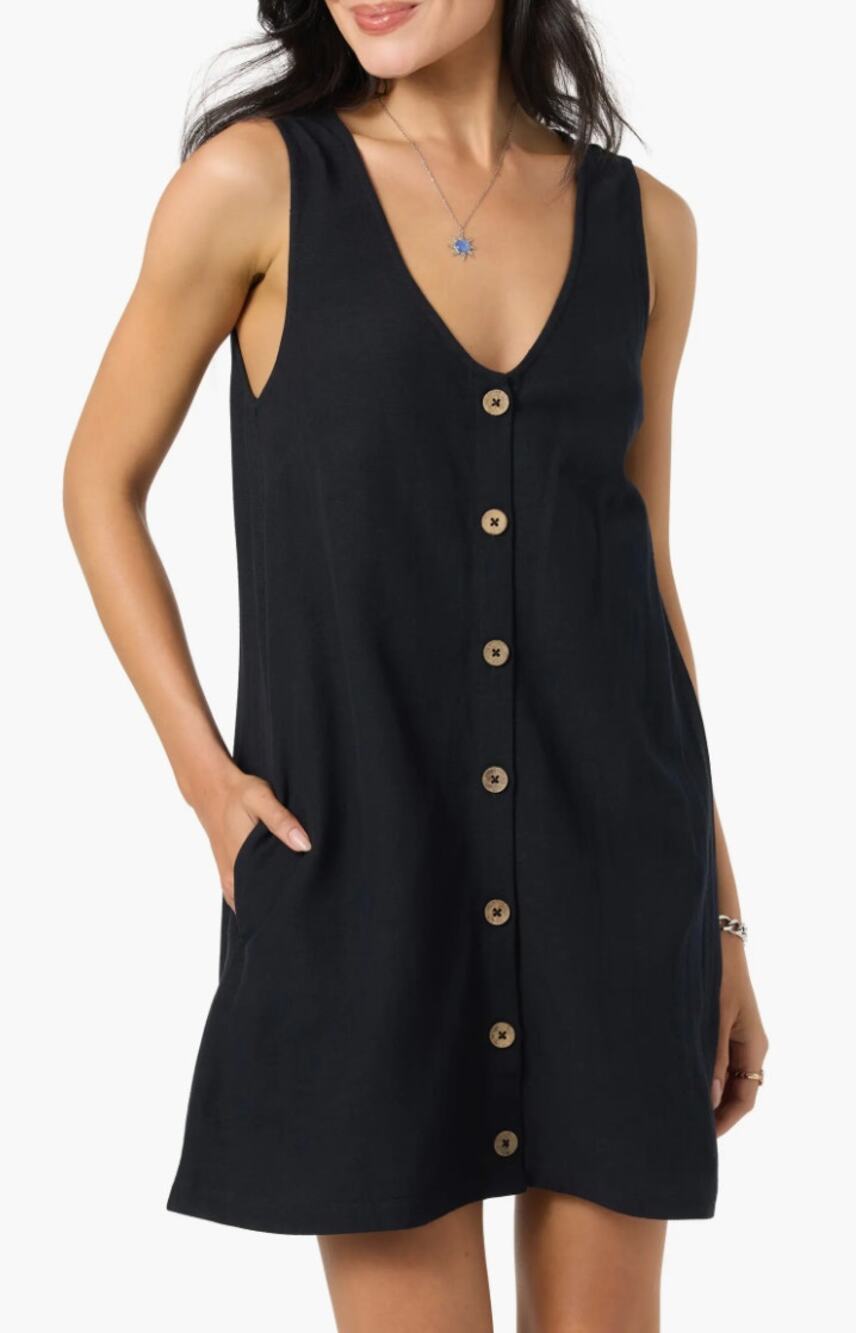 O'Neill Sanders Button-Up Minidress M NWOT Black Resort Travel Linen